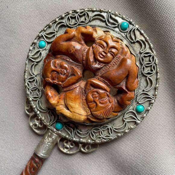 VTG Antique Carved Wood Silver Metal Round Hand Mirror Filigree Chinese Export - Picture 2 of 7